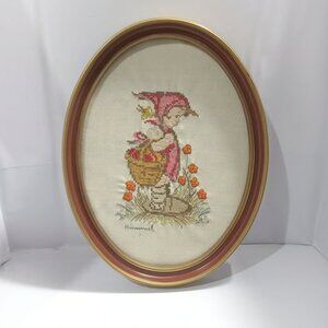 Vintage Hummel Handmade Oval Framed Crewel Embroidery Needlework Complete Finish